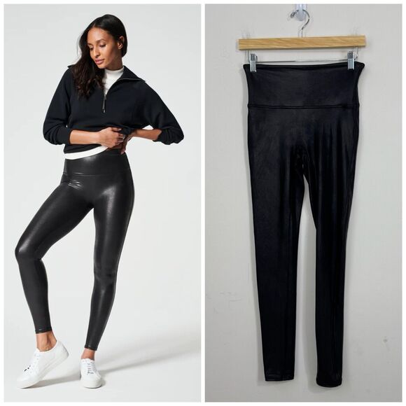 SPANX Shapewear Faux Leather Leggings Size M Black High Waisted Lined - Picture 1 of 13